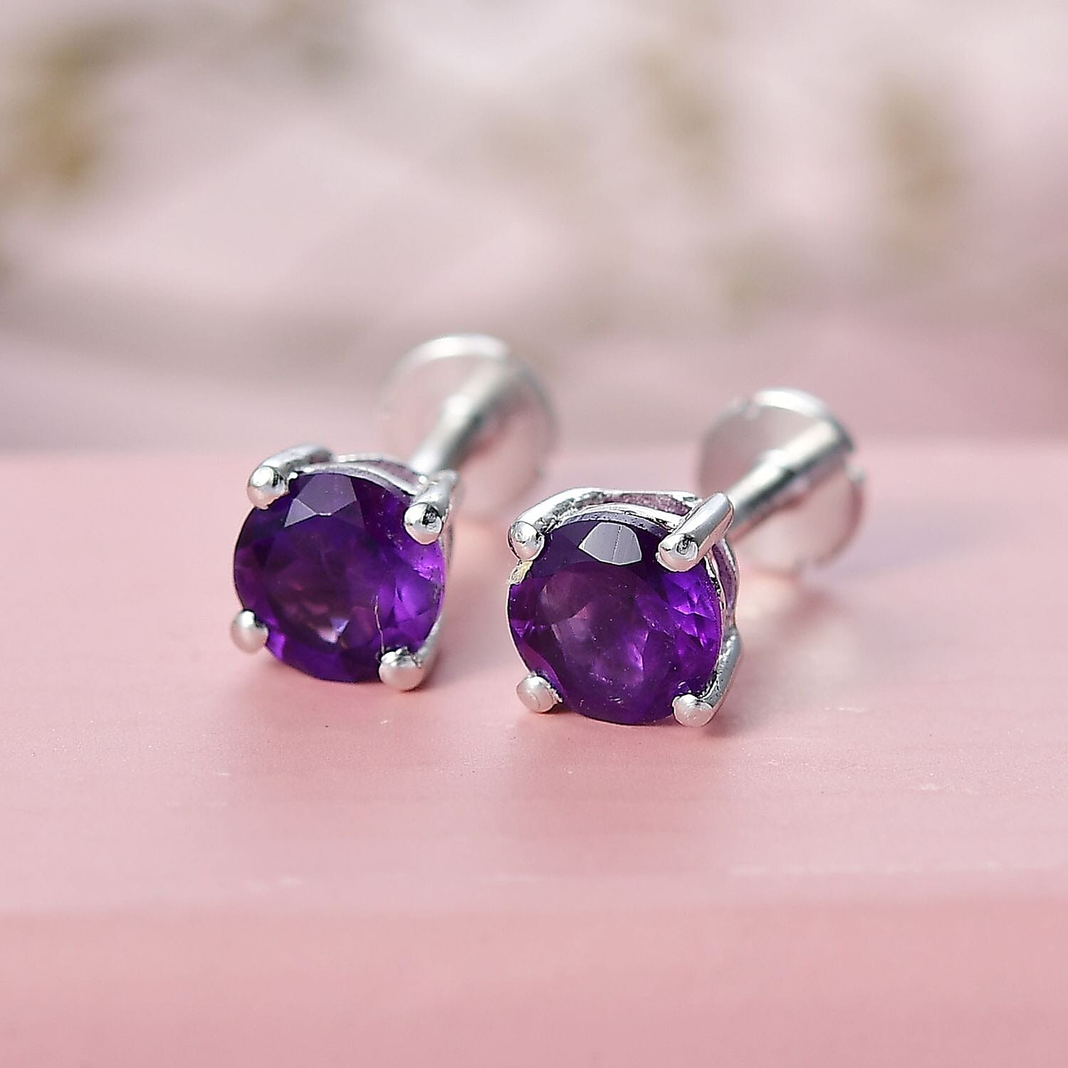 African Amethyst Earring with Screw Back in Rhodium Overlay Sterling Silver